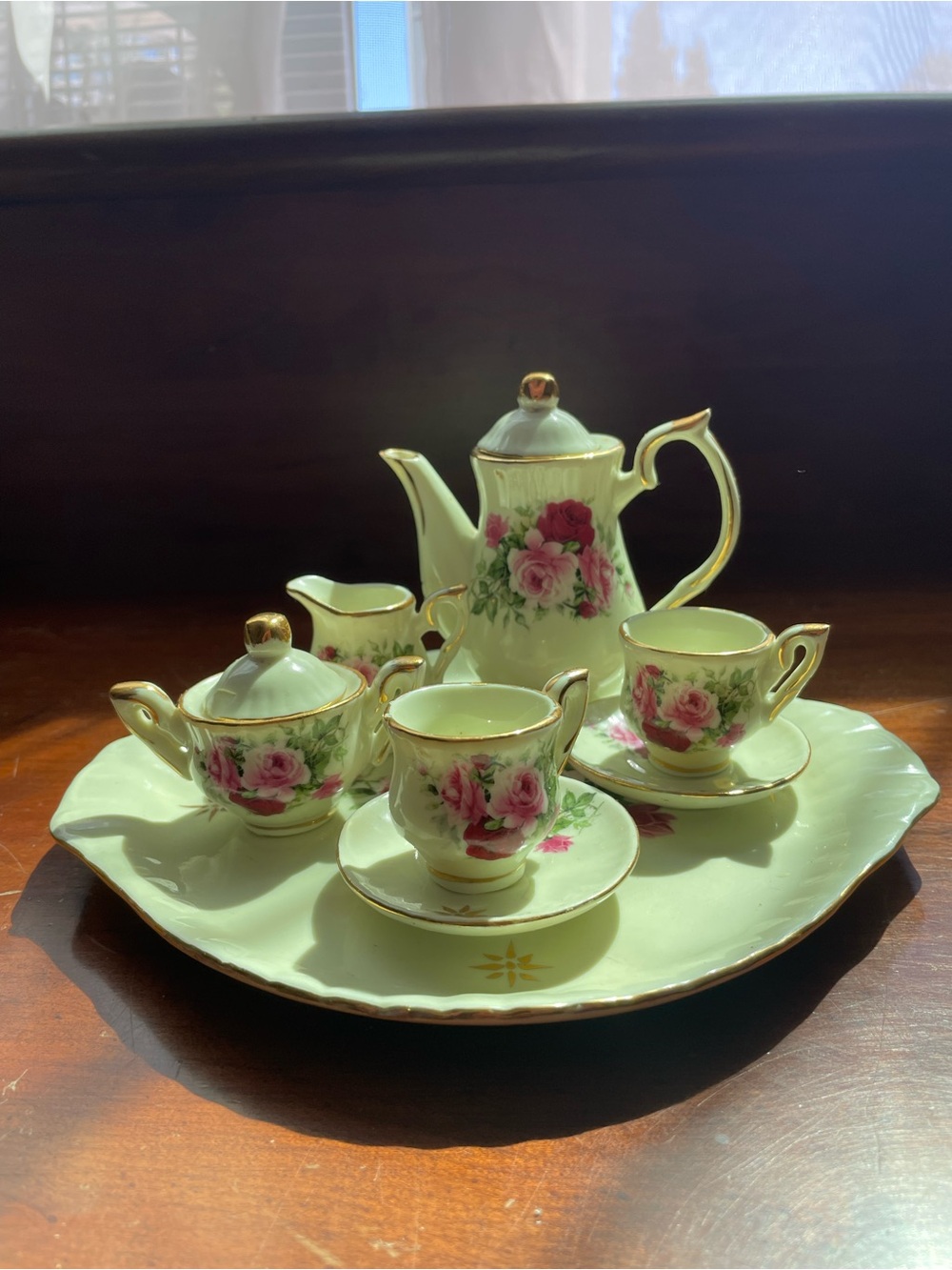 Miniature Decorative Porcelain Tea Set with Pink Rose Motif
